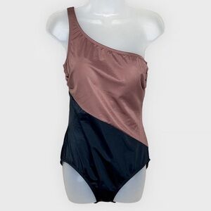 One-Shoulder Brown and Black Swimsuit